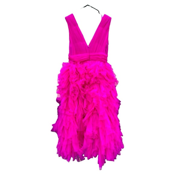 COPY - NWT MAC DUGGAL RUFFLED CAP SLEEVE V-NECK A LINE TULLE DRESS Fuchsia - Picture 2 of 7